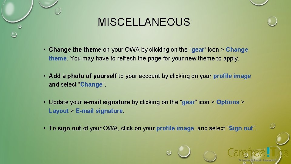 MISCELLANEOUS • Change theme on your OWA by clicking on the “gear” icon > MISCELLANEOUS • Change theme on your OWA by clicking on the “gear” icon >
