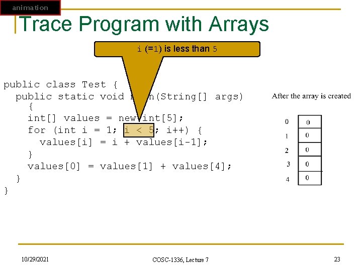 animation Trace Program with Arrays i (=1) is less than 5 public class Test