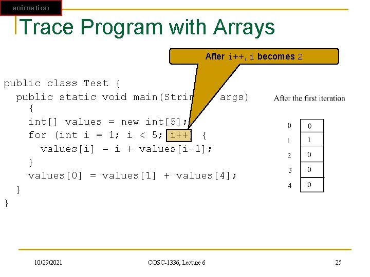 animation Trace Program with Arrays After i++, i becomes 2 public class Test {