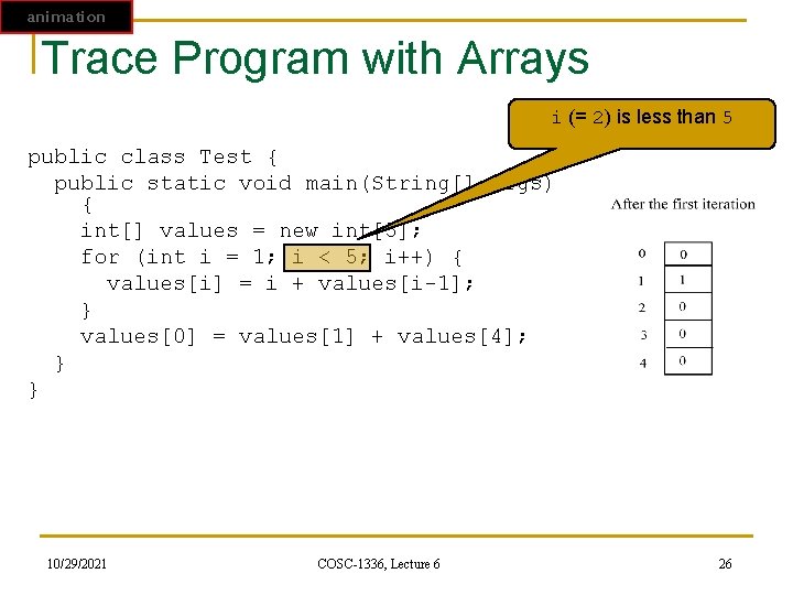 animation Trace Program with Arrays i (= 2) is less than 5 public class