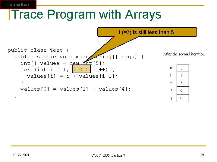 animation Trace Program with Arrays i (=3) is still less than 5. public class