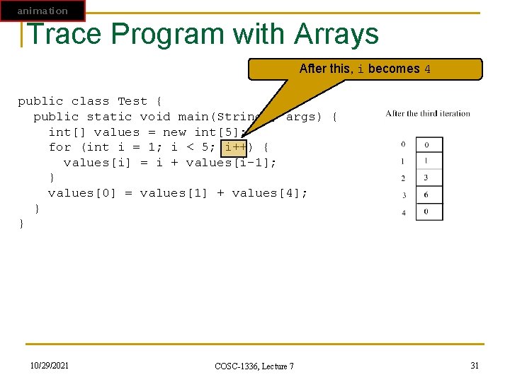 animation Trace Program with Arrays After this, i becomes 4 public class Test {