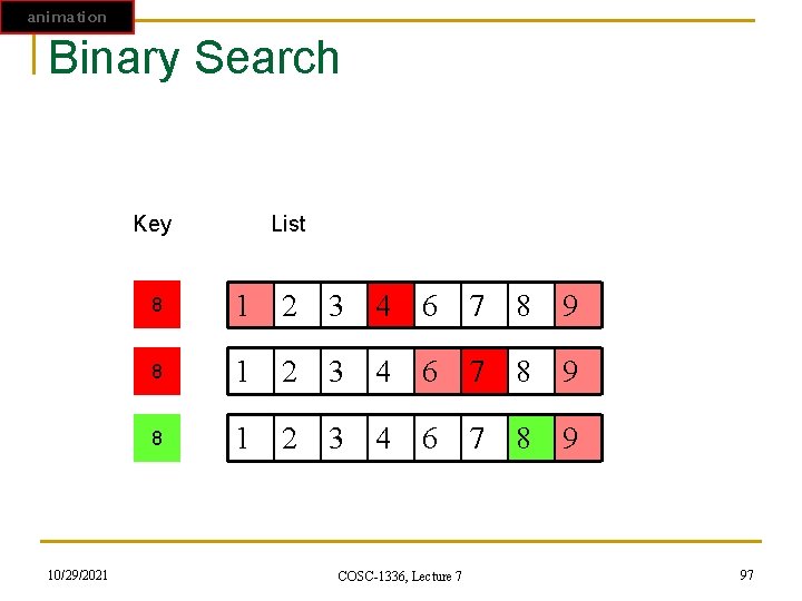 animation Binary Search Key 10/29/2021 List 8 1 2 3 4 6 7 8