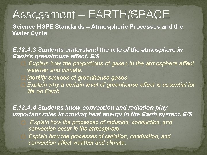 Assessment – EARTH/SPACE Science HSPE Standards – Atmospheric Processes and the Water Cycle E.