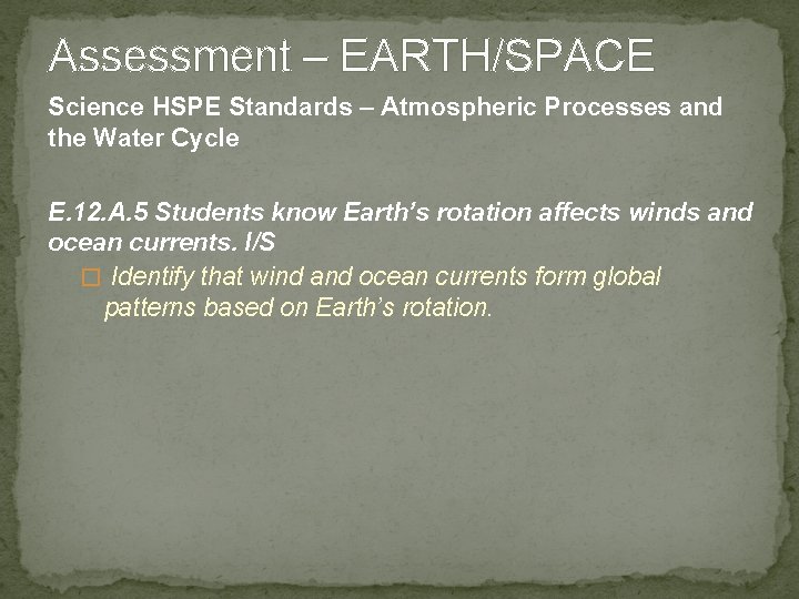 Assessment – EARTH/SPACE Science HSPE Standards – Atmospheric Processes and the Water Cycle E.