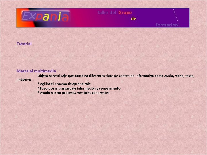 Taller del Grupo de formación Tutorial Material multimedia imágenes Objeto aprendizaje que combina diferentes