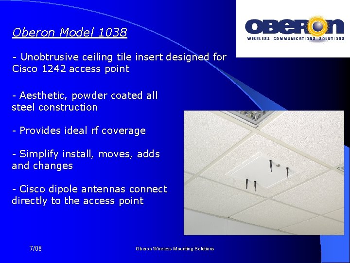 Oberon Model 1038 - Unobtrusive ceiling tile insert designed for Cisco 1242 access point