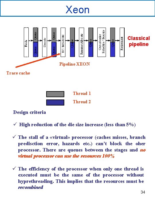 Xeon Classical pipeline Pipeline XEON Trace cache Thread 1 Thread 2 Design criteria ü