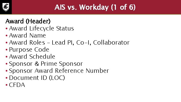AIS vs. Workday (1 of 6) Award (Header) • Award Lifecycle Status • Award