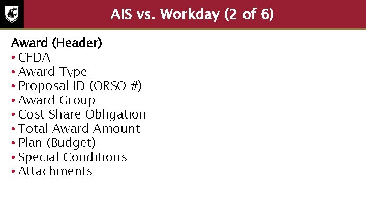 AIS vs. Workday (2 of 6) Award (Header) • CFDA • Award Type •