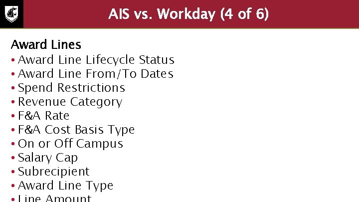 AIS vs. Workday (4 of 6) Award Lines • Award Line Lifecycle Status •