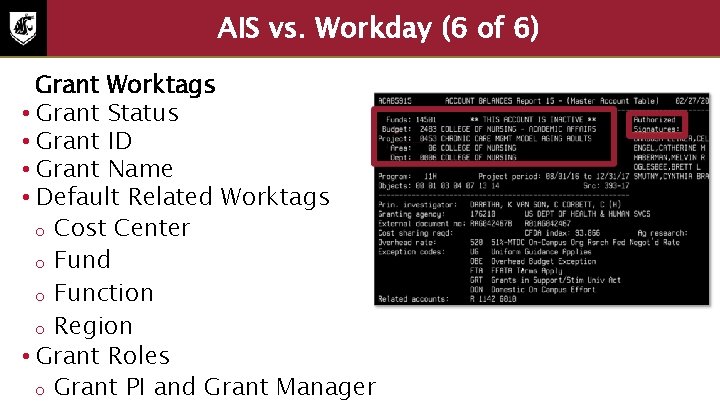 AIS vs. Workday (6 of 6) Grant Worktags • Grant Status • Grant ID