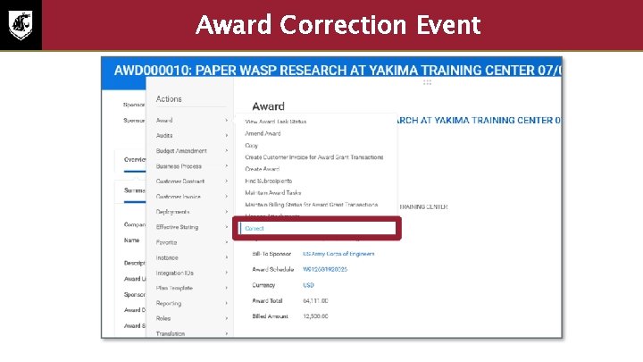 Award Correction Event Screenshot of Award Correction Event 