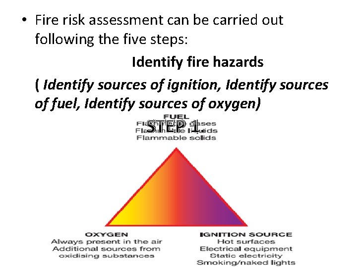 • Fire risk assessment can be carried out following the five steps: Identify