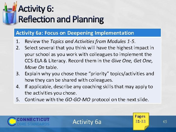 Activity 6: Reflection and Planning Activity 6 a: Focus on Deepening Implementation 1. Review