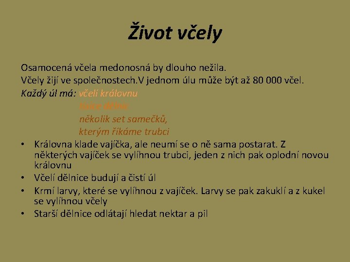 Život včely Osamocená včela medonosná by dlouho nežila. Včely žijí ve společnostech. V jednom