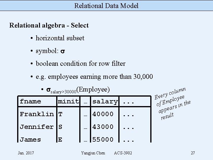 Relational Data Model Relational algebra - Select • horizontal subset • symbol: • boolean