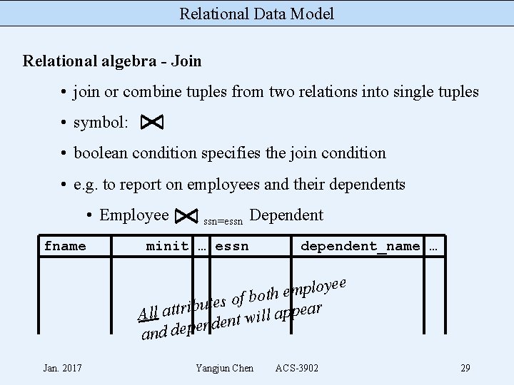Relational Data Model Relational algebra - Join • join or combine tuples from two