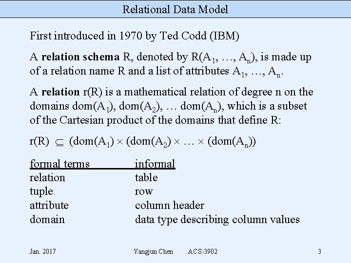 Relational Data Model First introduced in 1970 by Ted Codd (IBM) A relation schema