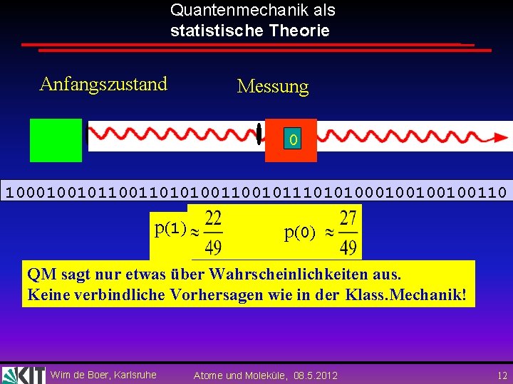 Quantenmechanik als statistische Theorie Anfangszustand Messung 0 1000100101101010010111010100100100110 p(1) p(0) QM sagt nur etwas