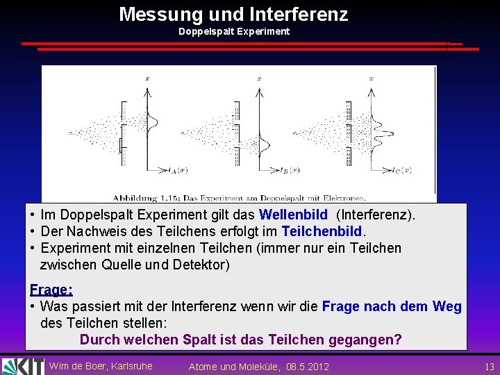 Messung und Interferenz Doppelspalt Experiment • Im Doppelspalt Experiment gilt das Wellenbild (Interferenz). •