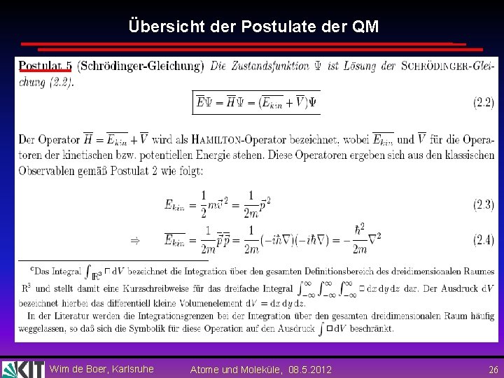 Übersicht der Postulate der QM Wim de Boer, Karlsruhe Atome und Moleküle, 08. 5.