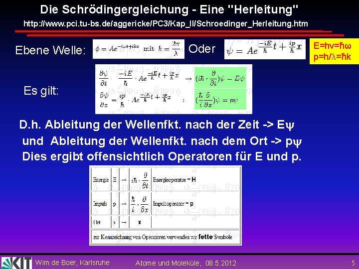 Die Schrödingergleichung - Eine "Herleitung" http: //www. pci. tu-bs. de/aggericke/PC 3/Kap_II/Schroedinger_Herleitung. htm Ebene Welle: