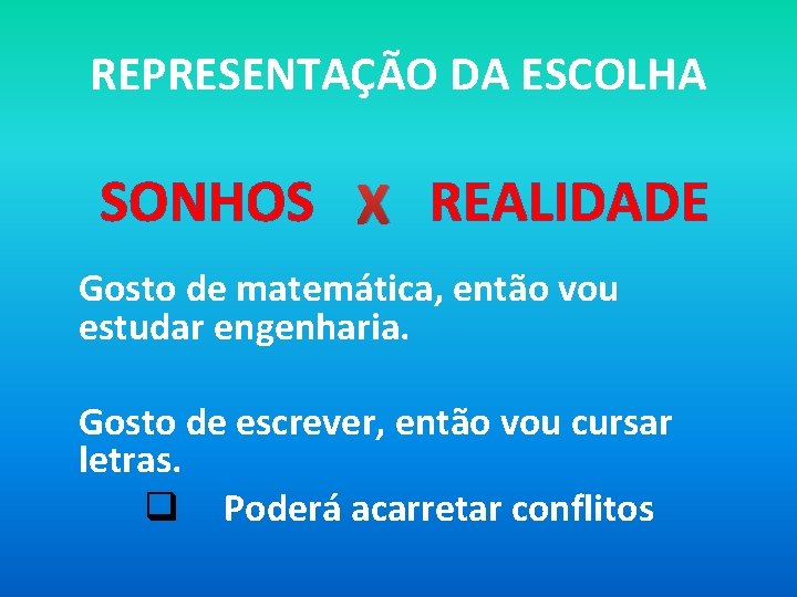 REPRESENTAÇÃO DA ESCOLHA SONHOS X REALIDADE Gosto de matemática, então vou estudar engenharia. Gosto