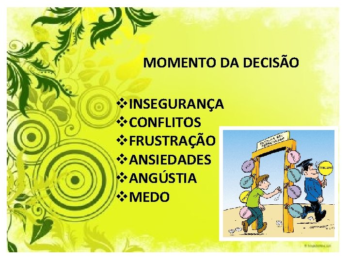 MOMENTO DA DECISÃO v. INSEGURANÇA v. CONFLITOS v. FRUSTRAÇÃO v. ANSIEDADES v. ANGÚSTIA v.