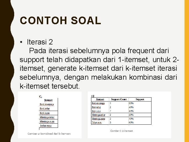 CONTOH SOAL • Iterasi 2 Pada iterasi sebelumnya pola frequent dari support telah didapatkan