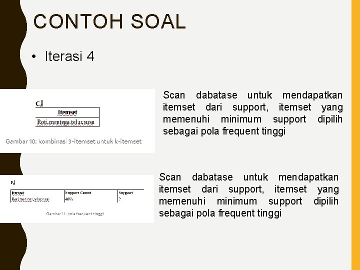 CONTOH SOAL • Iterasi 4 Scan dabatase untuk mendapatkan itemset dari support, itemset yang