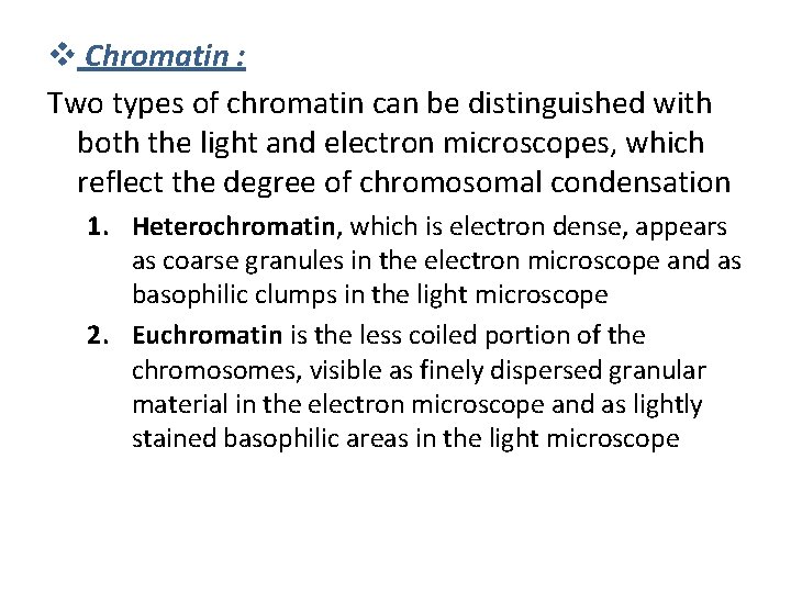 v Chromatin : Two types of chromatin can be distinguished with both the light