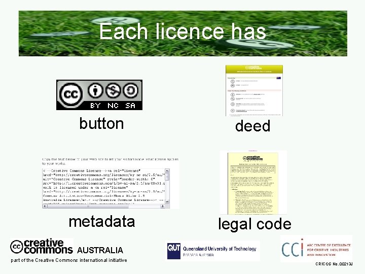 Each licence has button deed metadata legal code AUSTRALIA part of the Creative Commons