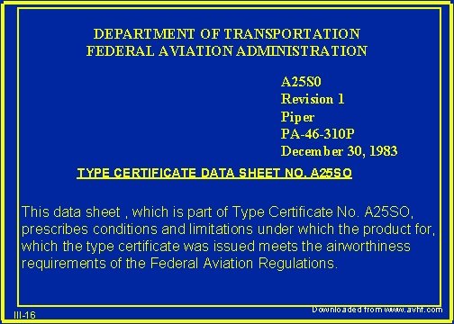 DEPARTMENT OF TRANSPORTATION FEDERAL AVIATION ADMINISTRATION A 25 S 0 Revision 1 Piper PA-46