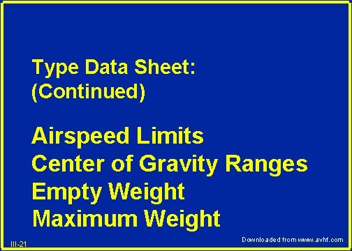 Type Data Sheet: (Continued) Airspeed Limits Center of Gravity Ranges Empty Weight Maximum Weight