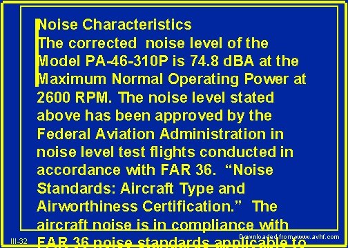 III-32 Noise Characteristics The corrected noise level of the Model PA-46 -310 P is