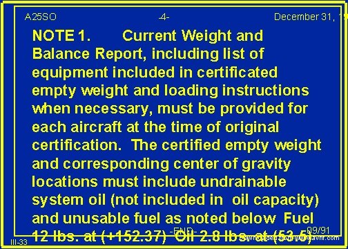 A 25 SO -4 - December 31, 19 NOTE 1. Current Weight and Balance