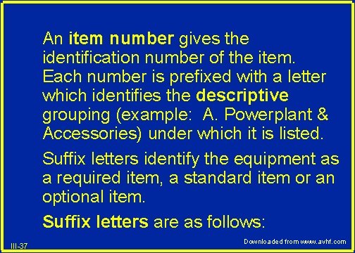 An item number gives the identification number of the item. Each number is prefixed