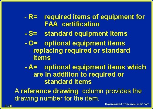 - R= required items of equipment for FAA certification - S= standard equipment items