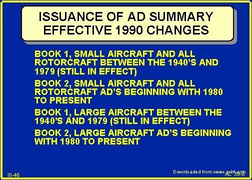 ISSUANCE OF AD SUMMARY EFFECTIVE 1990 CHANGES BOOK 1, SMALL AIRCRAFT AND ALL ROTORCRAFT