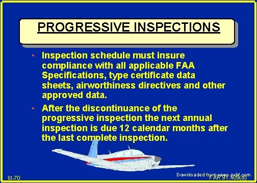 PROGRESSIVE INSPECTIONS • Inspection schedule must insure compliance with all applicable FAA Specifications, type