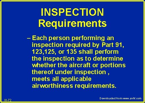 INSPECTION Requirements – Each person performing an inspection required by Part 91, 123, 125,