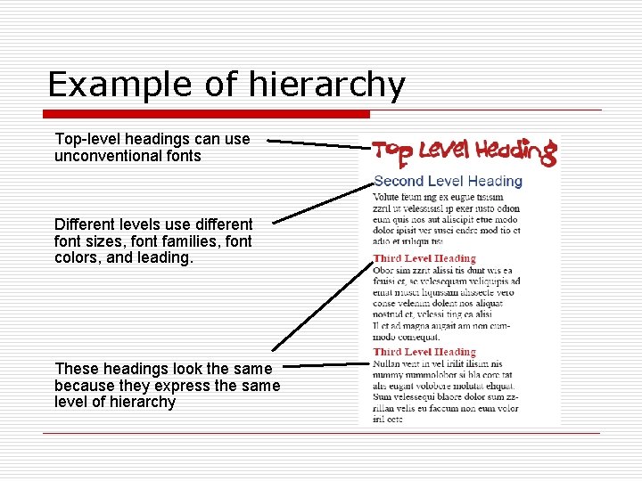 Example of hierarchy Top-level headings can use unconventional fonts Different levels use different font