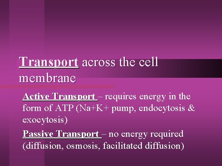 Transport across the cell membrane Active Transport – requires energy in the form of