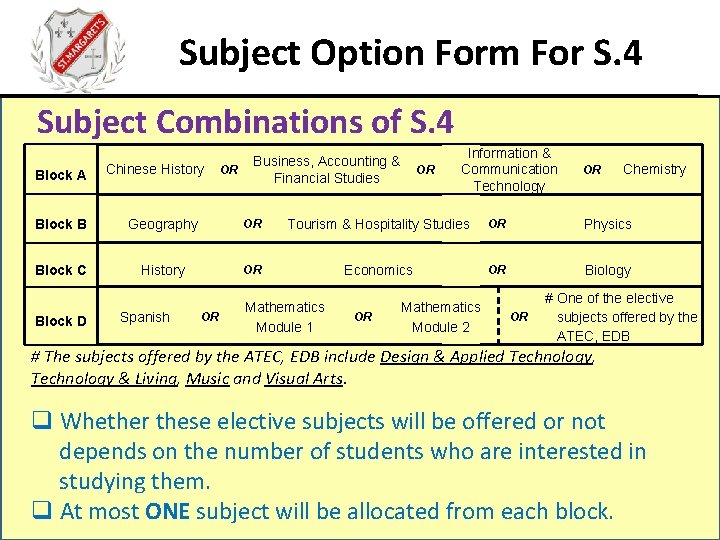 Subject Option Form For S. 4 Subject Combinations of S. 4 Block A Chinese