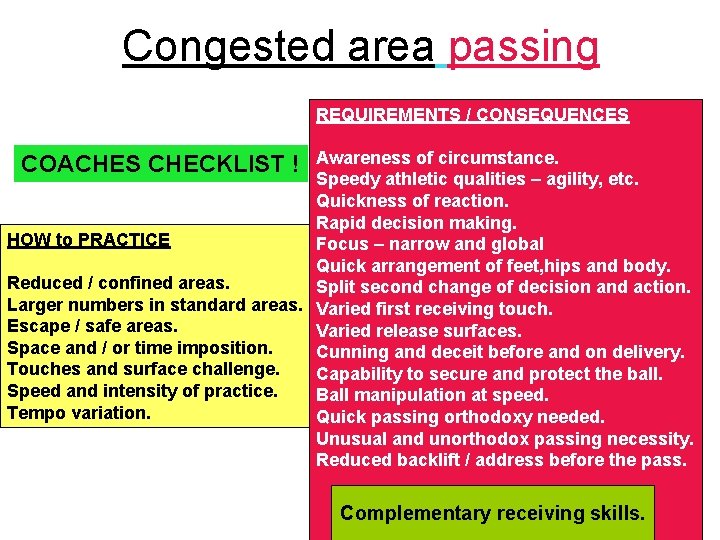 Congested area passing REQUIREMENTS / CONSEQUENCES Awareness of circumstance. Speedy athletic qualities – agility,