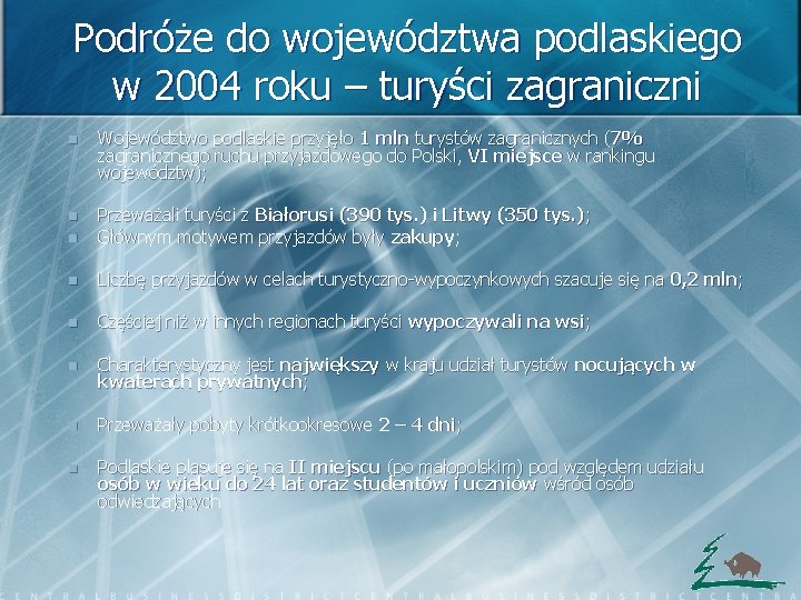 Podróże do województwa podlaskiego w 2004 roku – turyści zagraniczni n Województwo podlaskie przyjęło