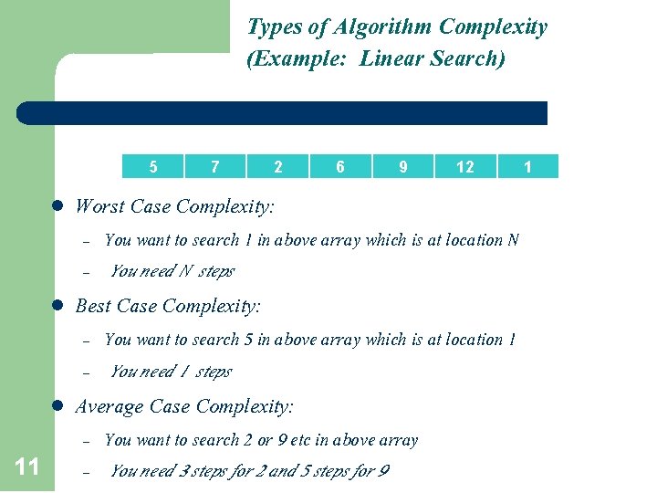Types of Algorithm Complexity (Example: Linear Search) 5 l l l 11 7 2
