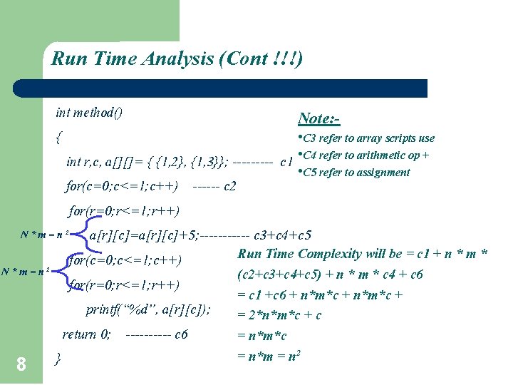 Run Time Analysis (Cont !!!) int method() Note: { • C 3 refer to