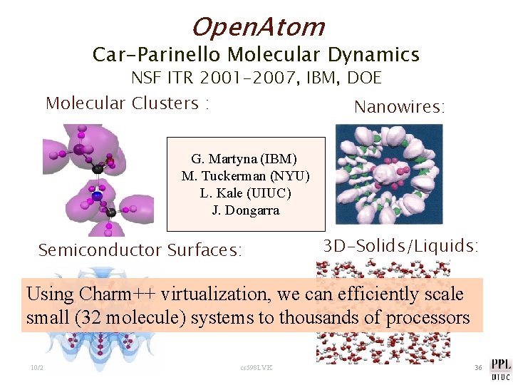 Open. Atom Car-Parinello Molecular Dynamics NSF ITR 2001 -2007, IBM, DOE Molecular Clusters :